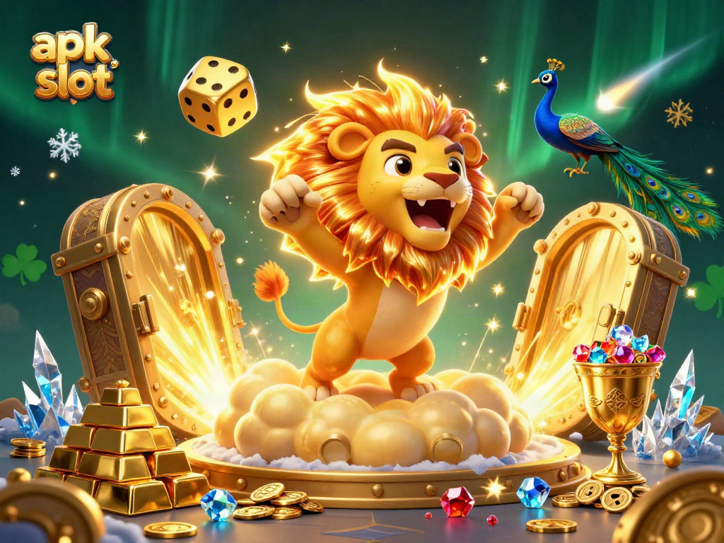 Engage with apk slot gaming in an ultra-detailed 3D scene of a sun lion and glowing treasures.