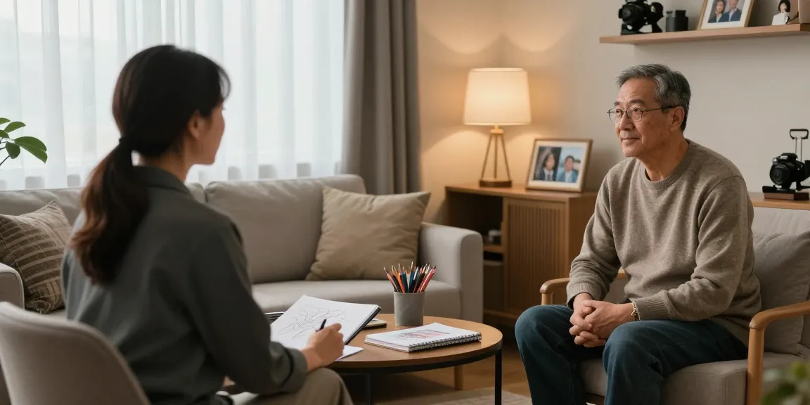 Trauma therapy for veterans in a calming therapy office, showcasing a supportive environment with a therapist and veteran.