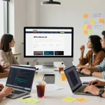 Developers collaborating on WPS Official Website enhancements in a modern tech workspace.