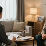 Trauma therapy for veterans in a calming therapy office, showcasing a supportive environment with a therapist and veteran.