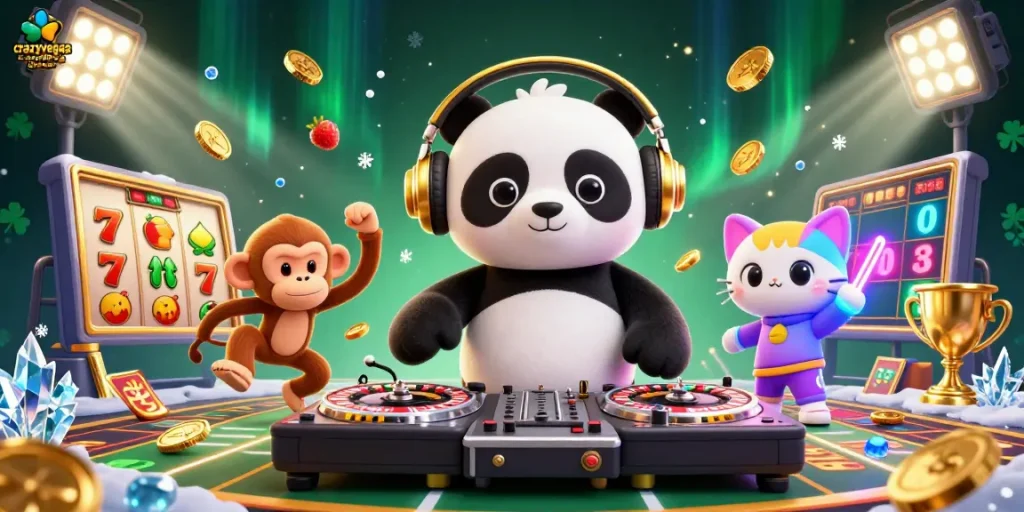 Cherish the excitement of crazyvegas aussie casino games with a DJ panda, breakdancing monkey, and glowing kitten in a vibrant 3D scene.